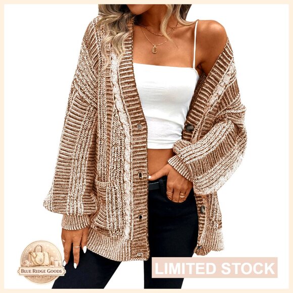 Sweaters - Oversized Cable Knit Cardigan Sweater with Pockets Long Sleeve